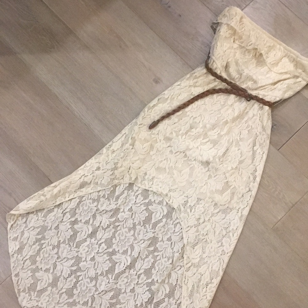strapless crochet high low dress with belt